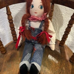 Vintage Rag Doll with Red Hair and Denim Overalls